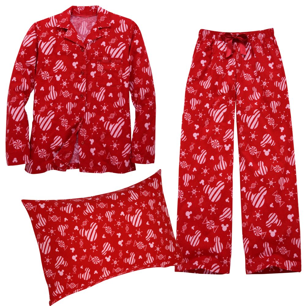 Flannel Candy Cane Mickey Mouse Pajamas and Pillowcase Set for Women