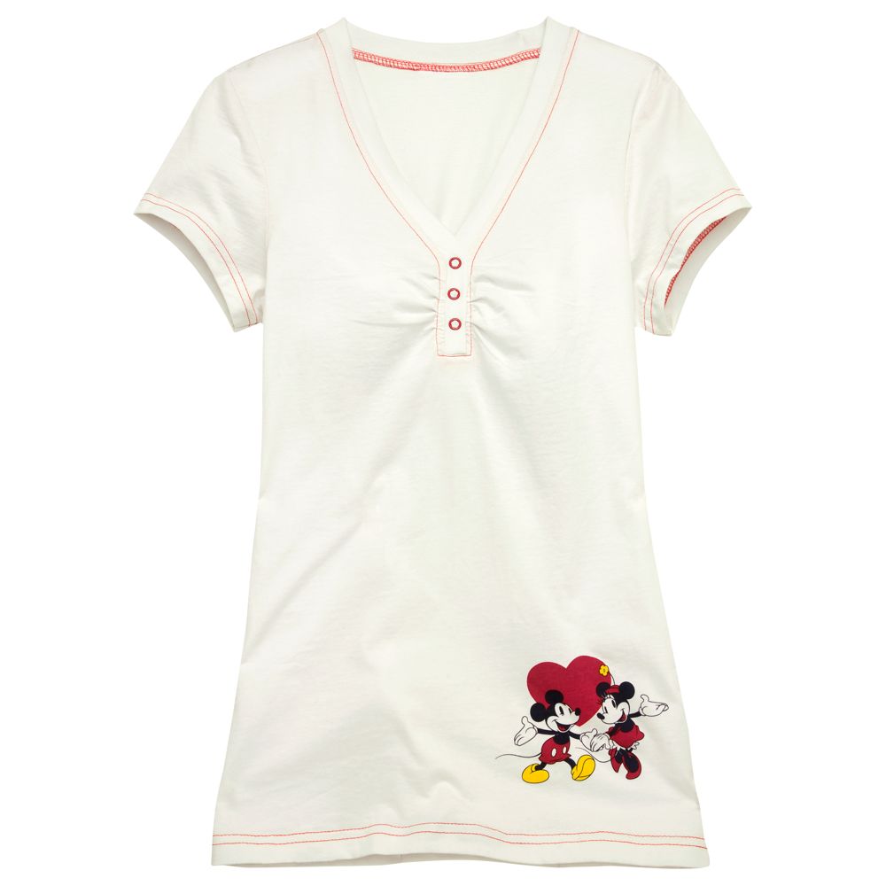 Sweetheart Mickey and Minnie Mouse Vee-Neck Tee for Women