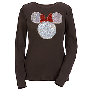 Long-Sleeve Sequin Minnie Mouse Tee for Women
