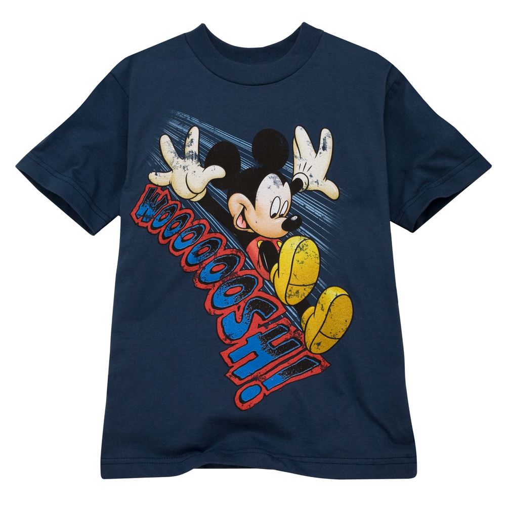 Time for fun with our ''Woosh'' Mickey Mouse Tee. Speeding across your shirt, our most famous mouse makes a bold entrance on our soft tee complete with a distressed art Mickey. 