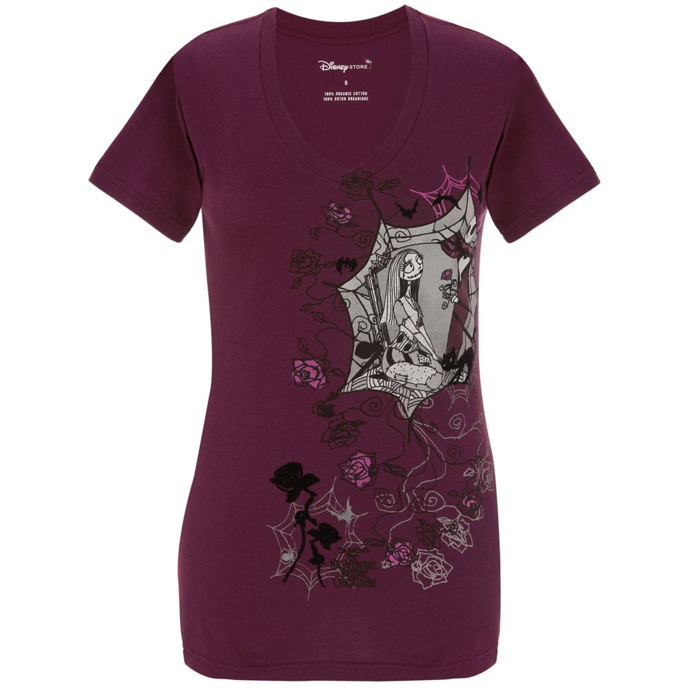 Products>Clothes>Tees> - Organic Vee-Neck Sally and Jack Skellington Tee for Women: Sizes 