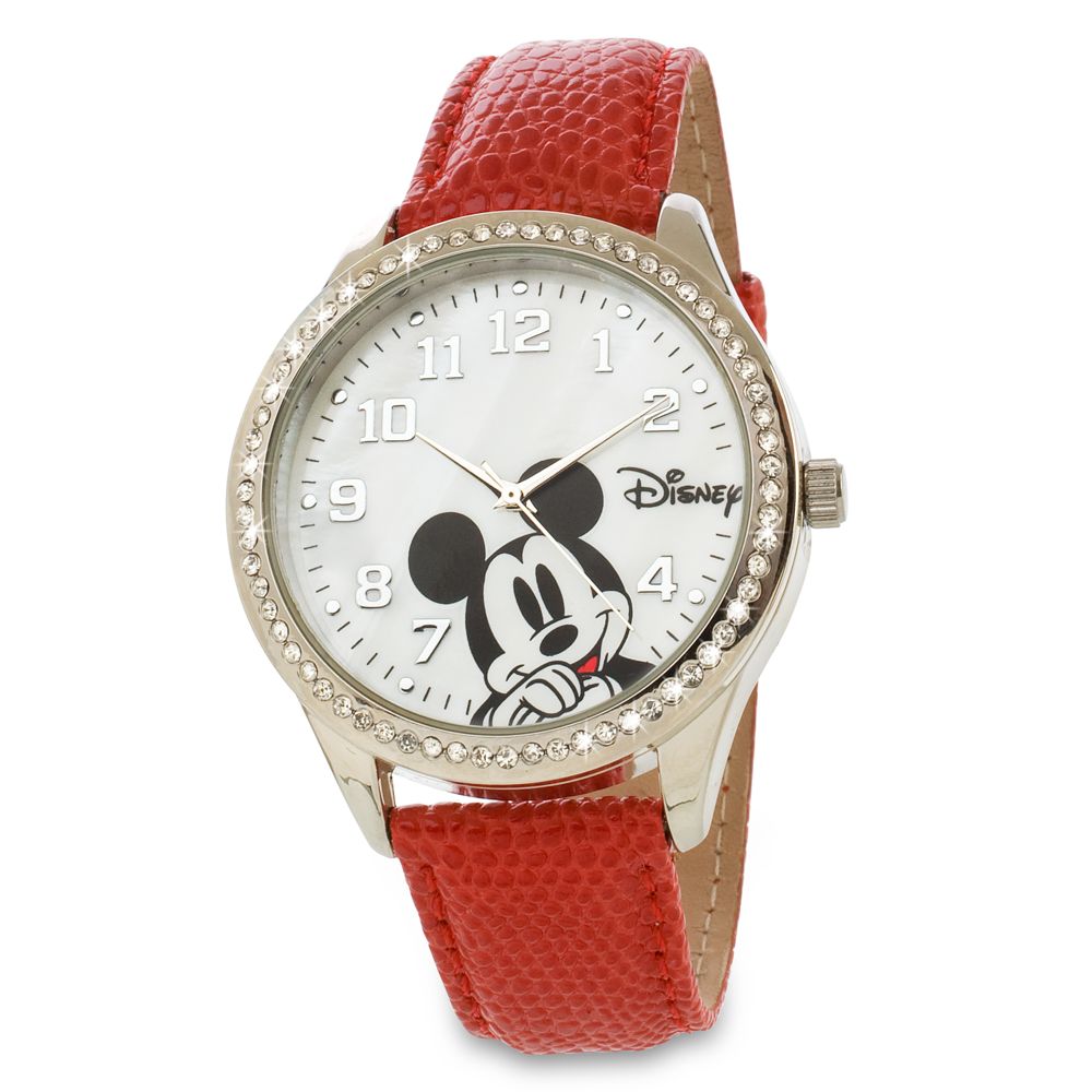 Rhinestone Red Leather Mickey Mouse Watch for Women