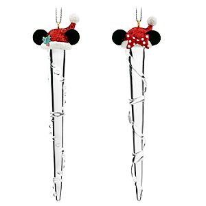 Santa Mickey and Minnie Mouse Icicle Ornament Set -- 4-Pc.
