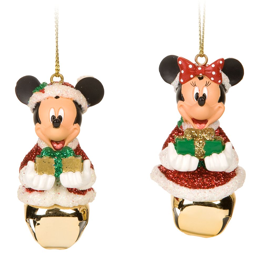 Santa Mickey and Minnie Mouse Jingle Bell Ornament Set -- 2-Pc.
