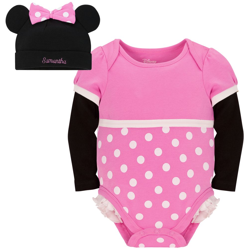 Personalizable Minnie Mouse Costume Bodysuit and Cap for Baby Girls