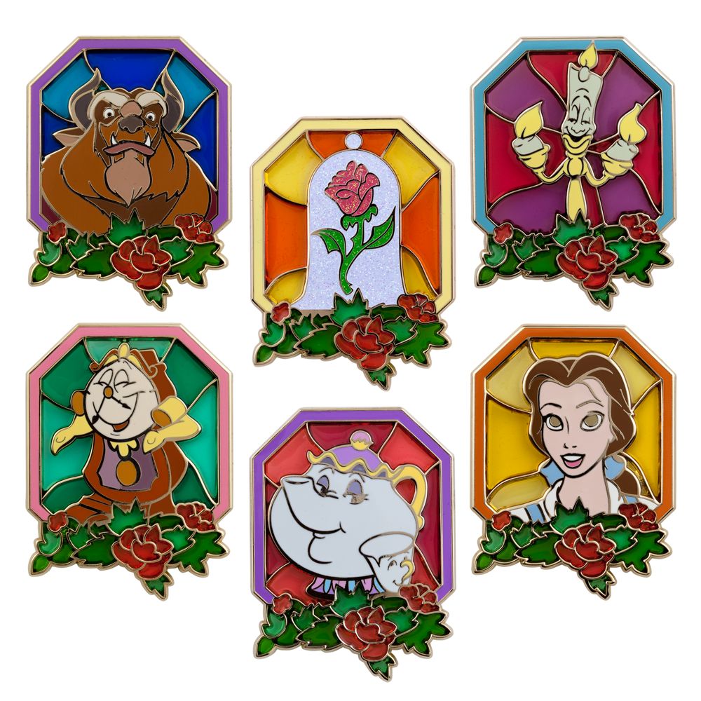 Stained Glass Beauty and the Beast Pin Set -- 6-Pc.
