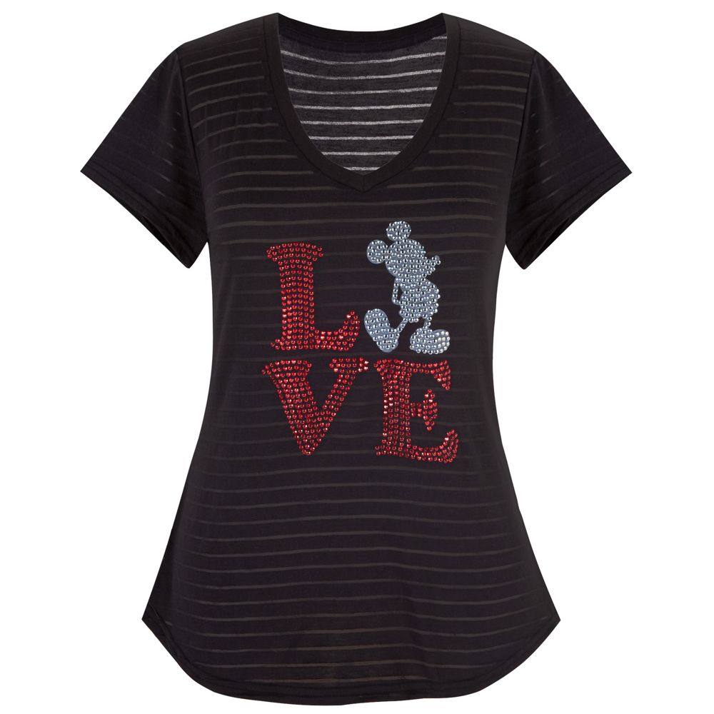 Rhinestud Burnout V-Neck Mickey Mouse Tee for Women