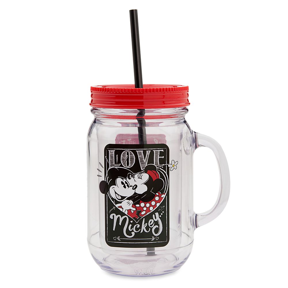 Mickey and Minnie Mouse Jelly Jar with Straw - ''I Love Mickey'' Collection