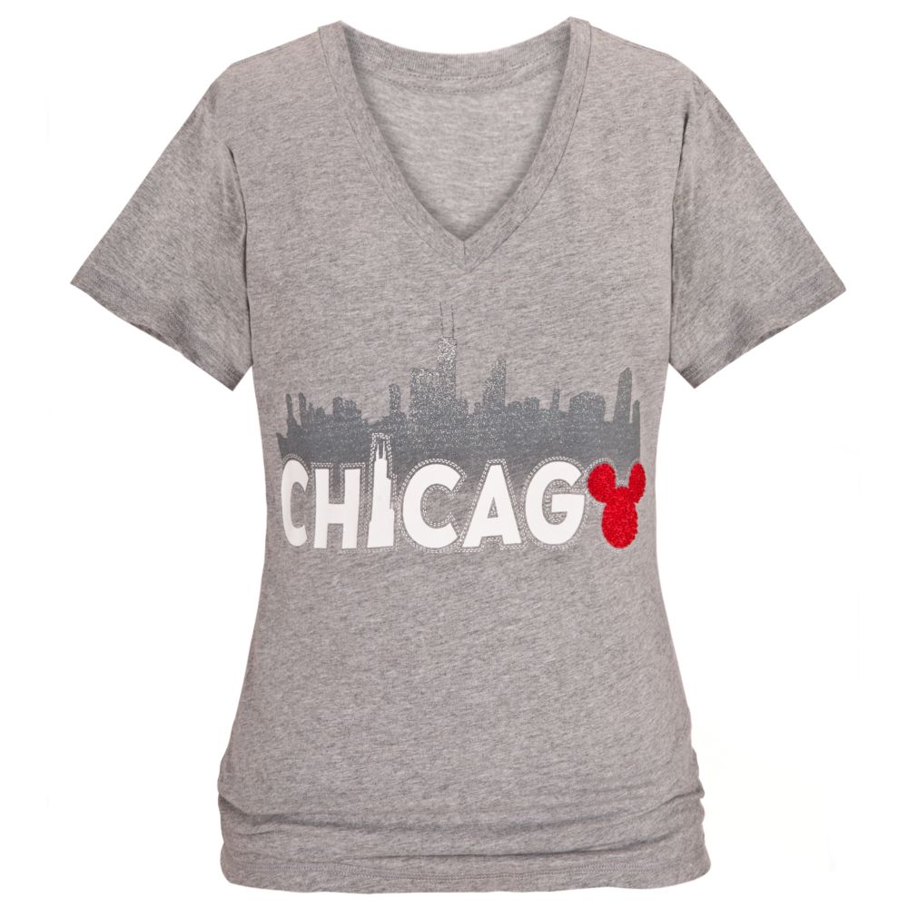 Glitter Skyline Chicago Mickey Mouse Tee for Women -- Grey