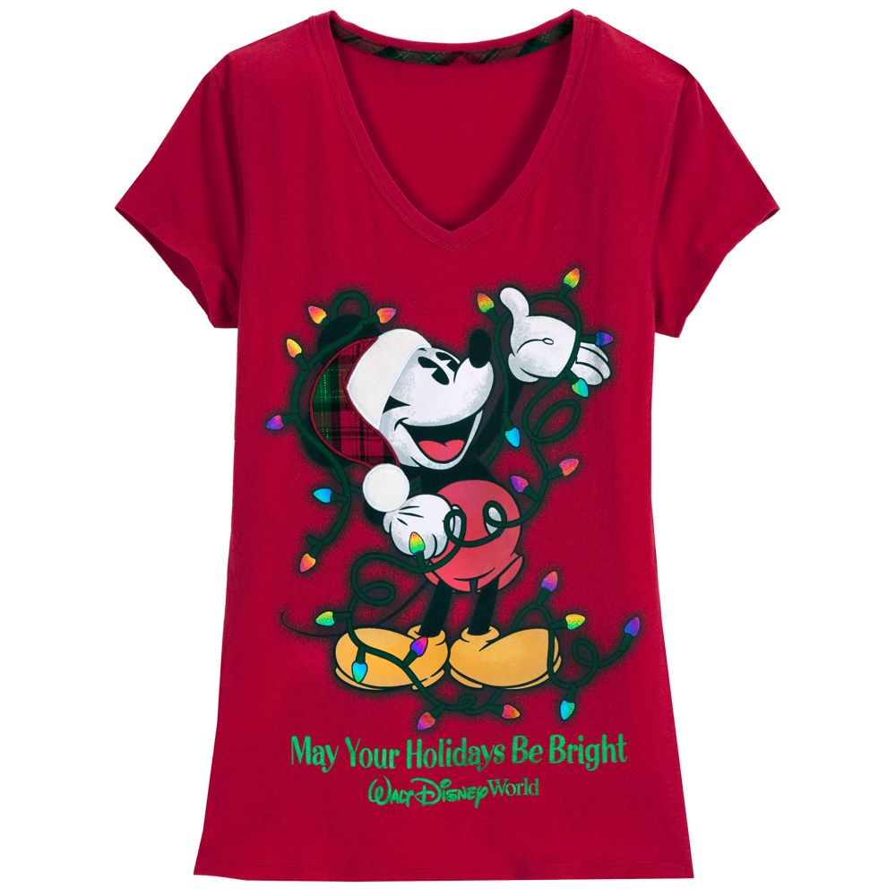 V-Neck Walt Disney World Holiday Mickey Mouse Tee for Women -- Red