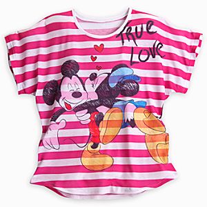 Mickey and Minnie Mouse Striped Tee for Women - Pink